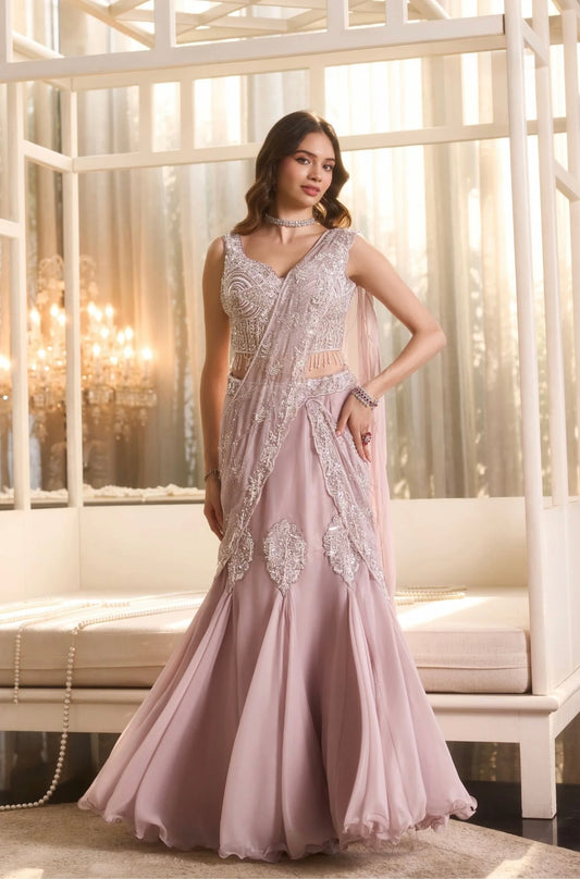 Pink heavy handwork pre-draped saree