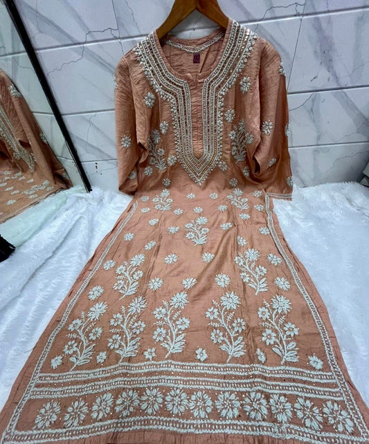 Beige premium chikankari kurti with mukesh work