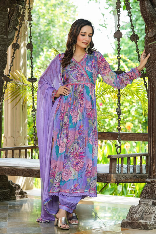 Purple Angrakha suit with Afghani pants