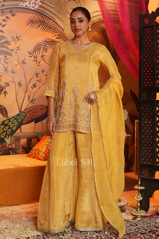Lemon yellow pure shimmer/glass tissue stunning heavy handwork palazzo suit