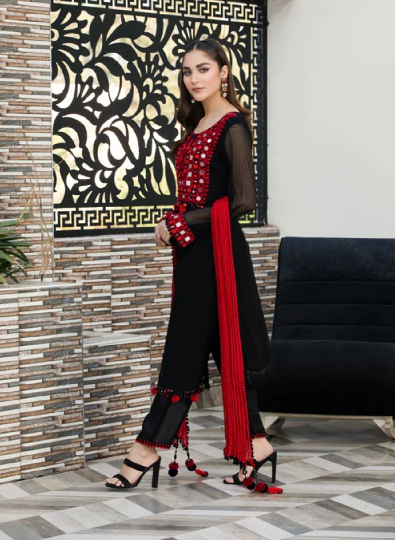 Black heavy mirror work kurta set