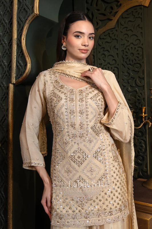 Beige gold heavy handwork palazzo suit