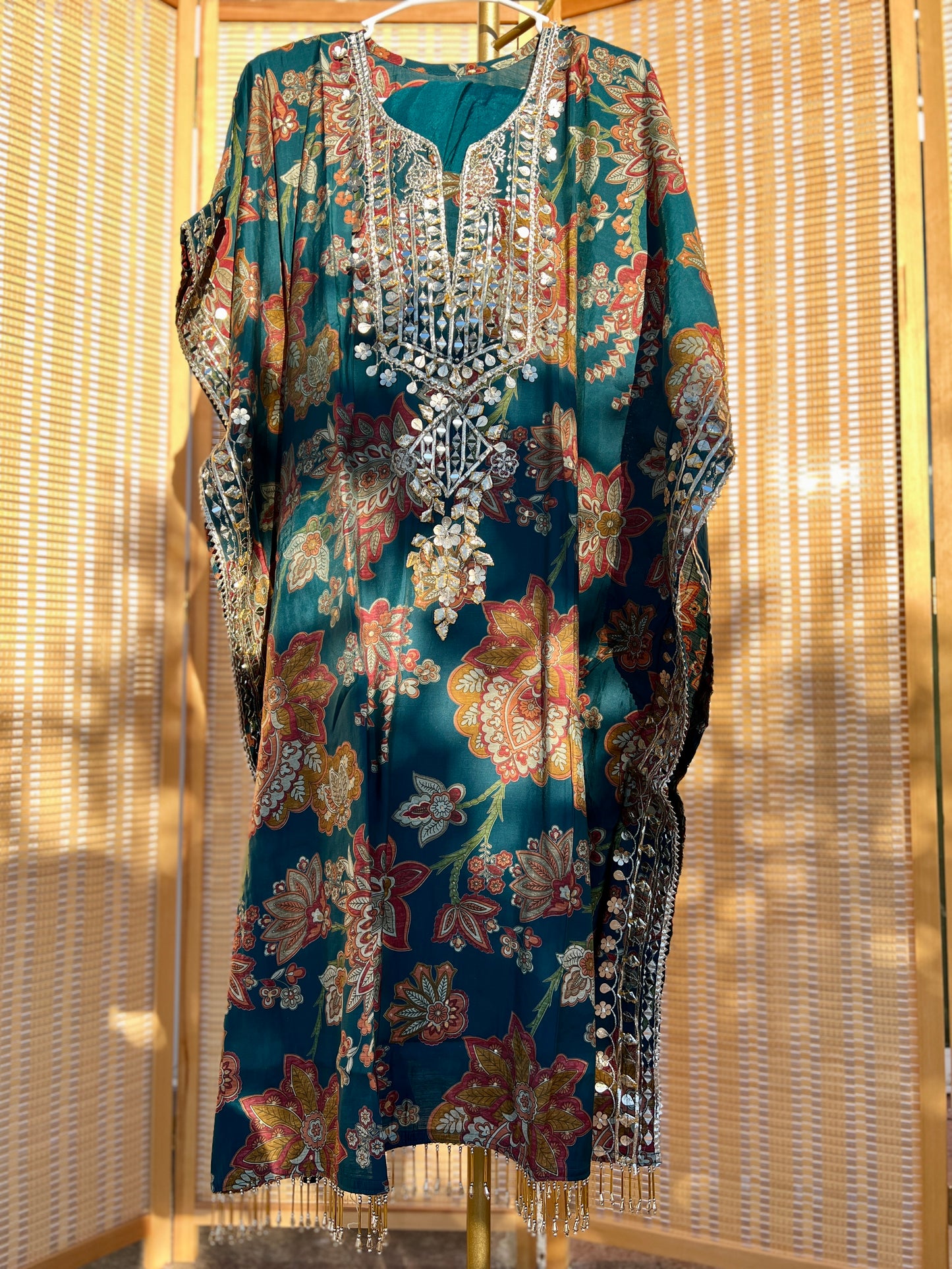 Navy blue stunning kaftan set with heavy gota work and tulip pants