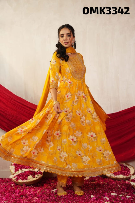 Yellow floral real mirror work anarkali kurta set