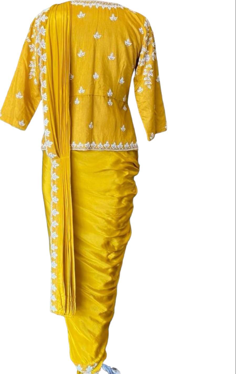 Yellow heavy handwork predraped saree