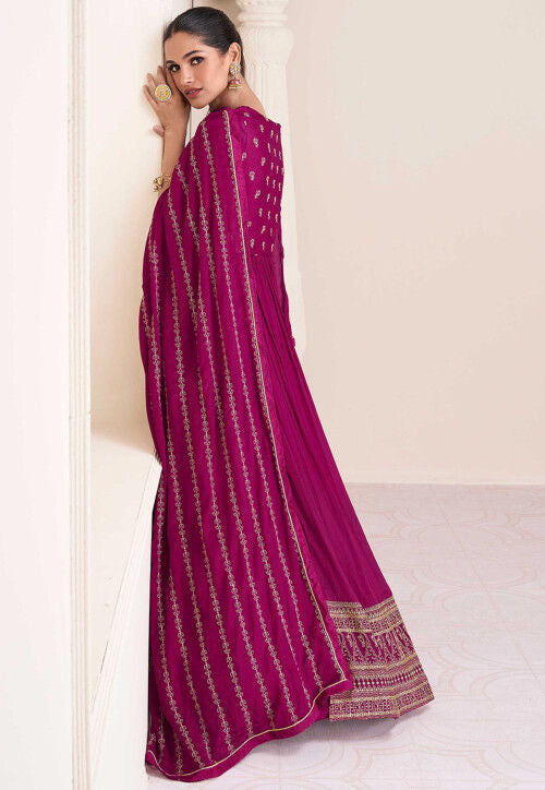 Wine magenta heavy embroidered long front slit gown with skirt and dupatta