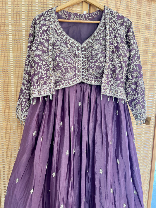 Lavender heavy embroidered crop top jacket partywear lehenga