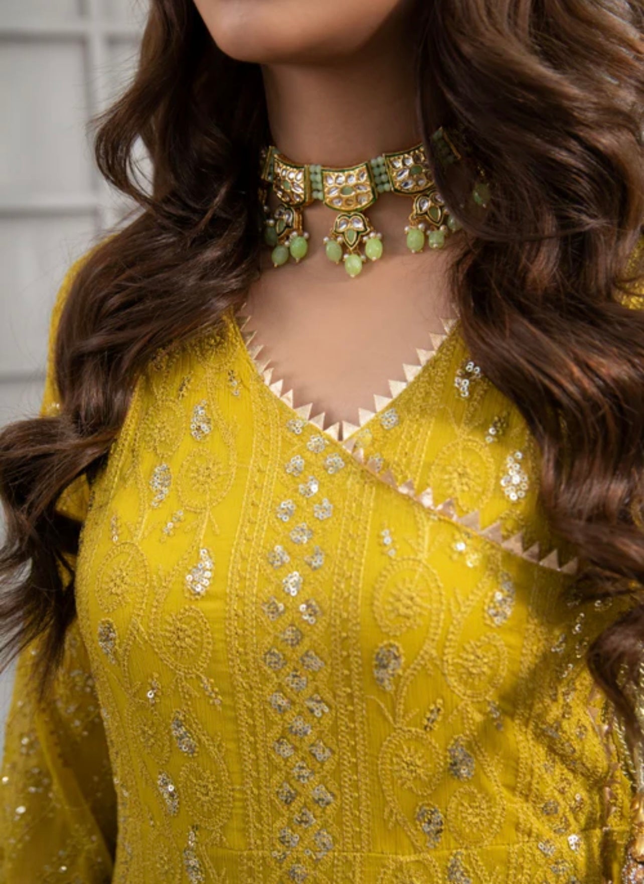 Mustard green heavy chikankari with sequence work formal partywear anarkali