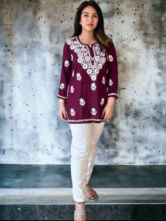 Maroon wine chikankari embroidered short kurti