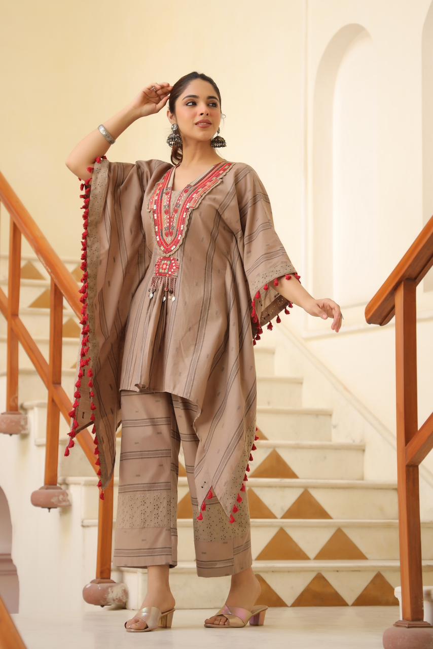 Light brown heavy embroidered kaftan set