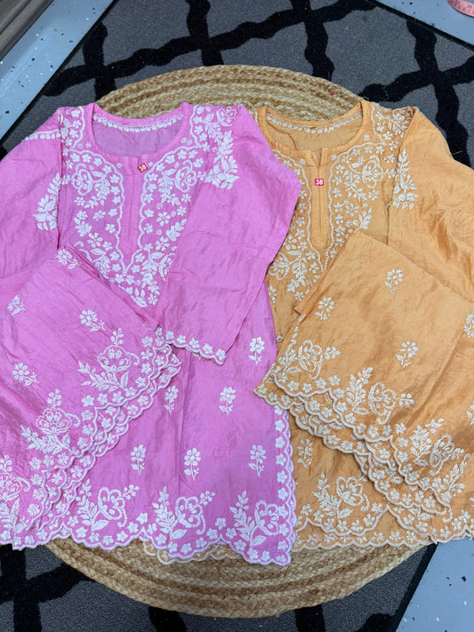 Light orange premium chikankari chanderi co-ord set