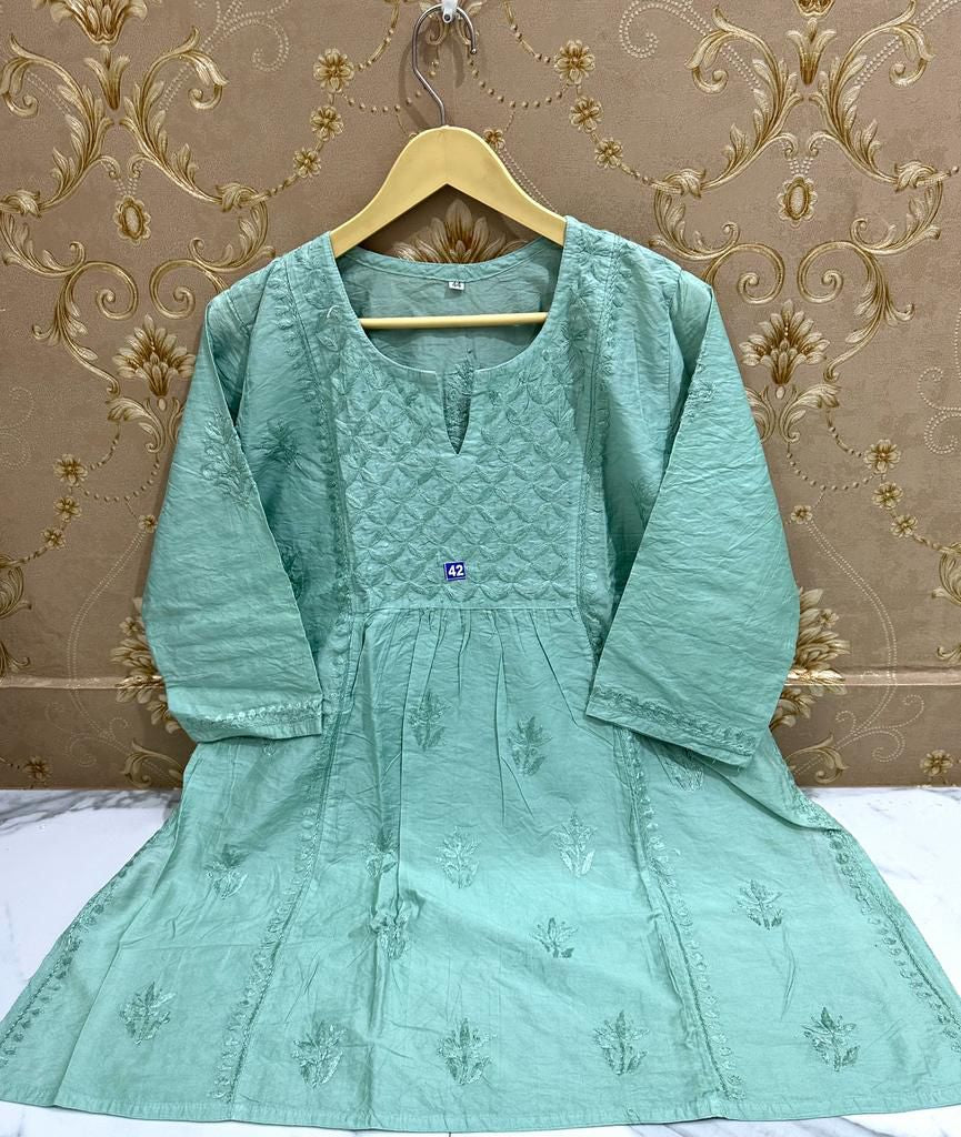 Aqua green short chikankari chanderi kurti