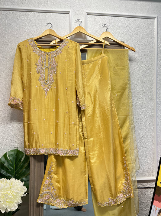 Lemon yellow pure shimmer tissue heavy handwork palazzo suit