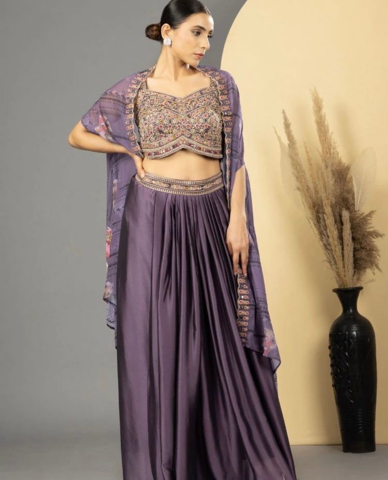 Lavender beautiful handwork indo western cape set