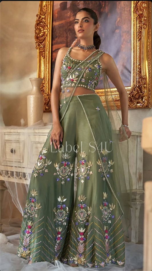 Sage green heavy handwork partywear indo western