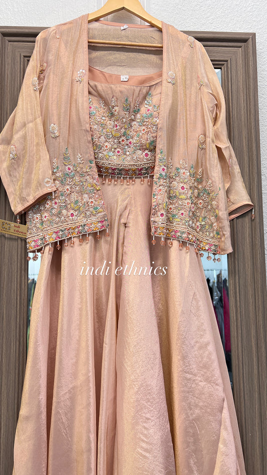 Onion pink heavy handwork partywear indo western top with shrug and sharara