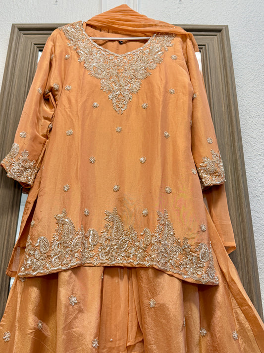 Peach stunning heavy handwork short top sharara suit