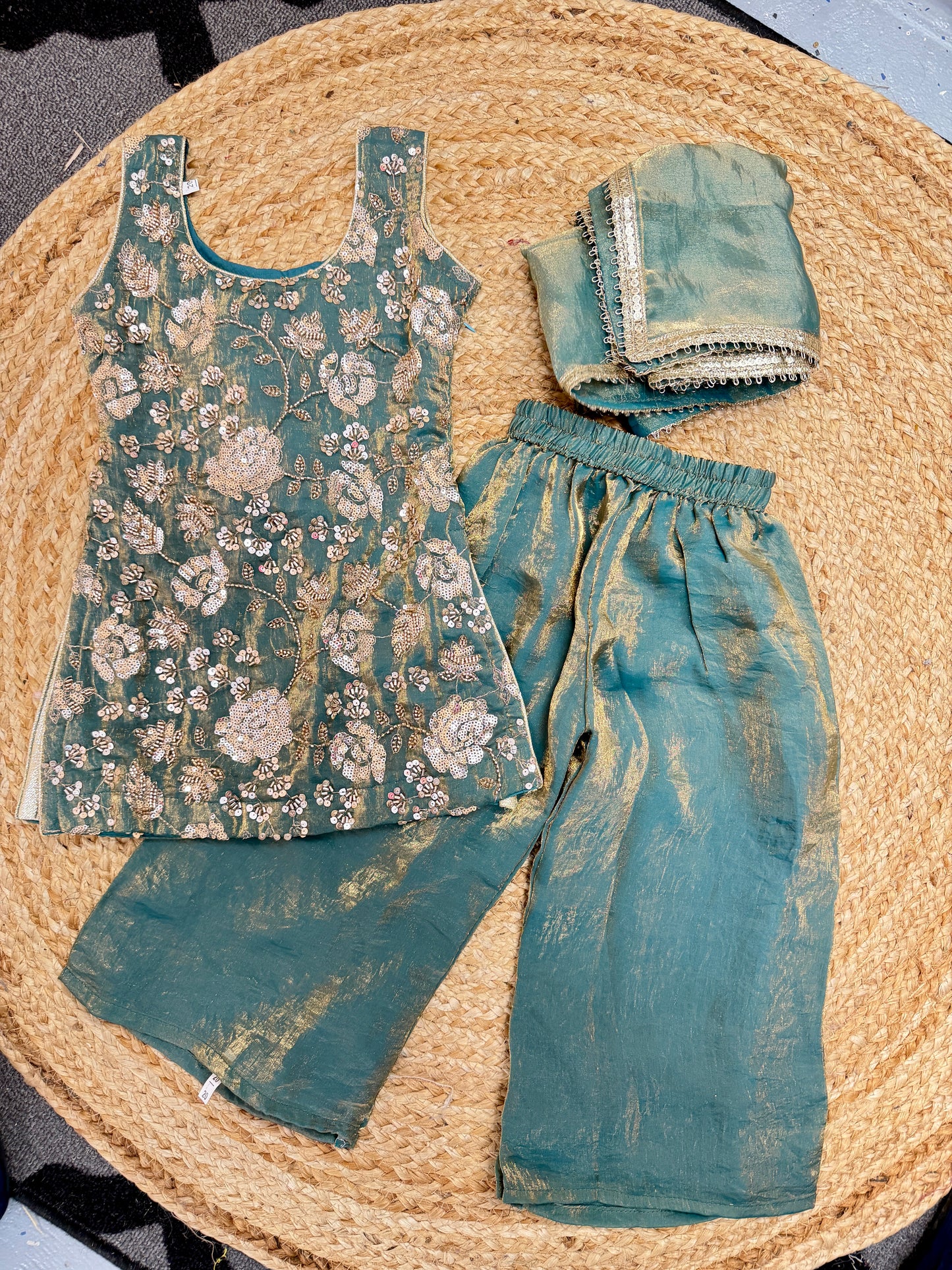 Girls Teal fendy silk palazzo suit