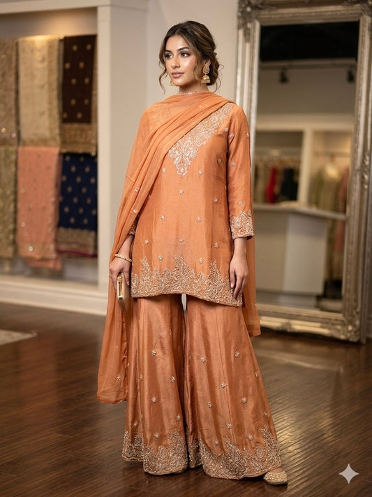 Peach stunning heavy handwork short top sharara suit