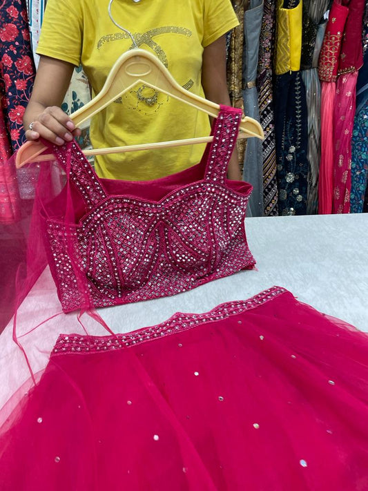 Hot Pink Designer Heavy Mirror bridesmaid lehenga