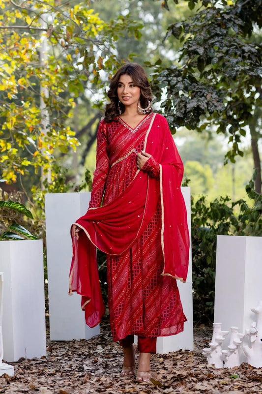 Red beautiful yoke work alia cut suit