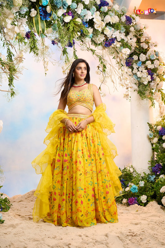 Yellow floral lehenga with ruffle dupatta