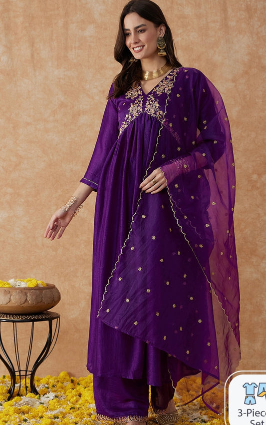 Purple embroidered alia cut kurta set