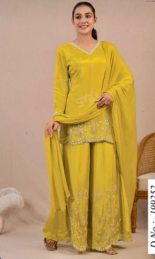 Lemon yellow heavy handwork partywear short top palazzo suit