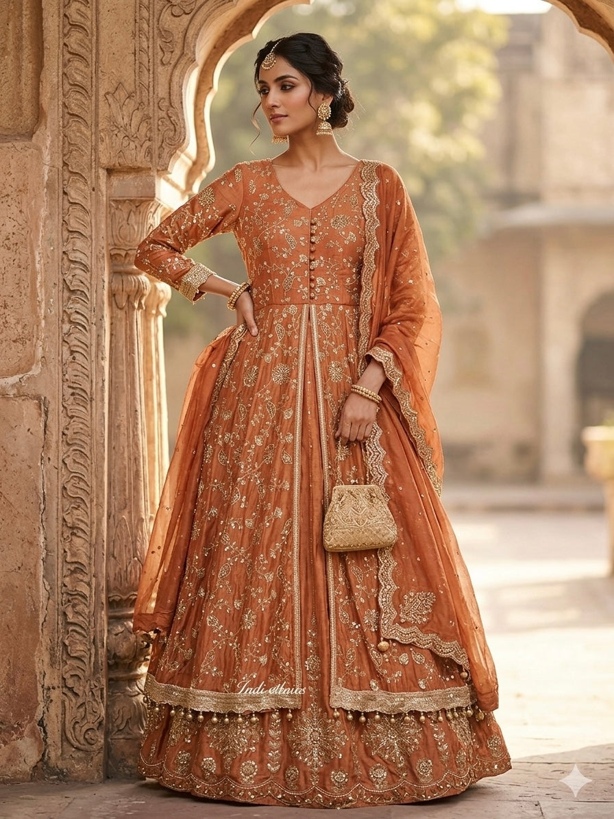 Rust Orange Heavy all over work handwork lehenga skirt dupatta