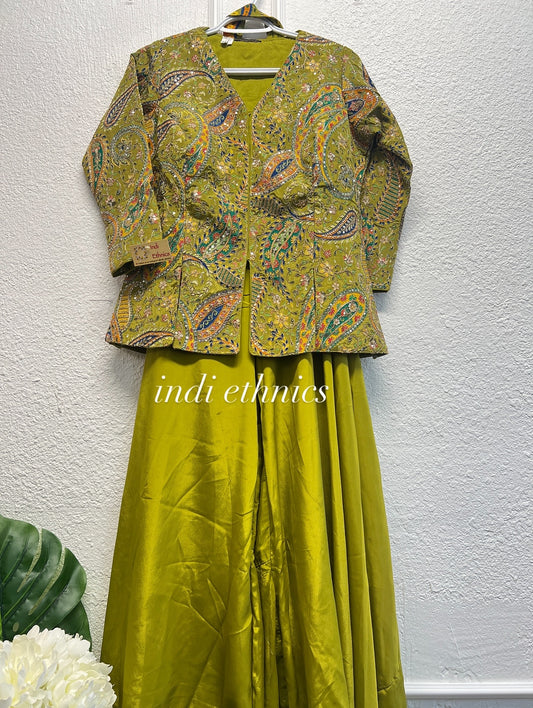Green heavy partywear jacket and divider set with dupatta