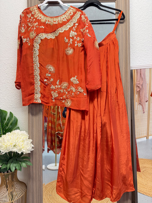 Rust orange short top with divider sharara pants