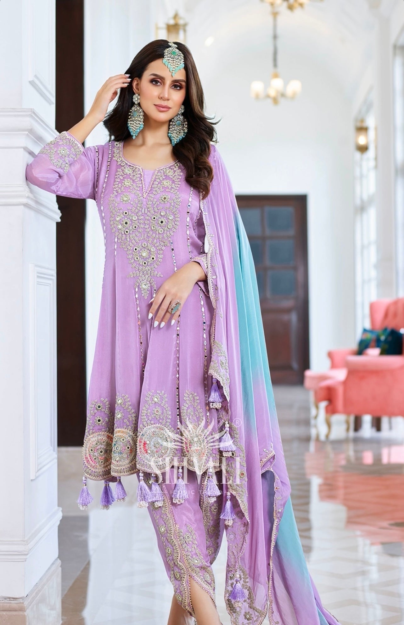 Trendy Lavender heavy mirror and hand work tulip kurta set