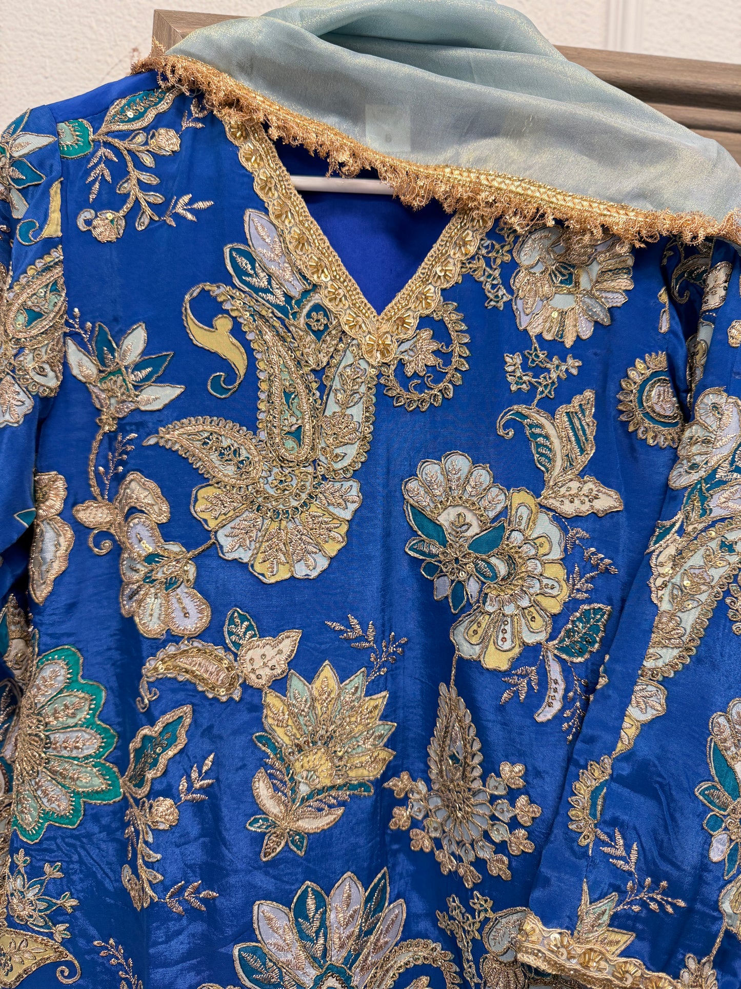 Stunning blue silk sharara suit with tissue sharara and dupatta
