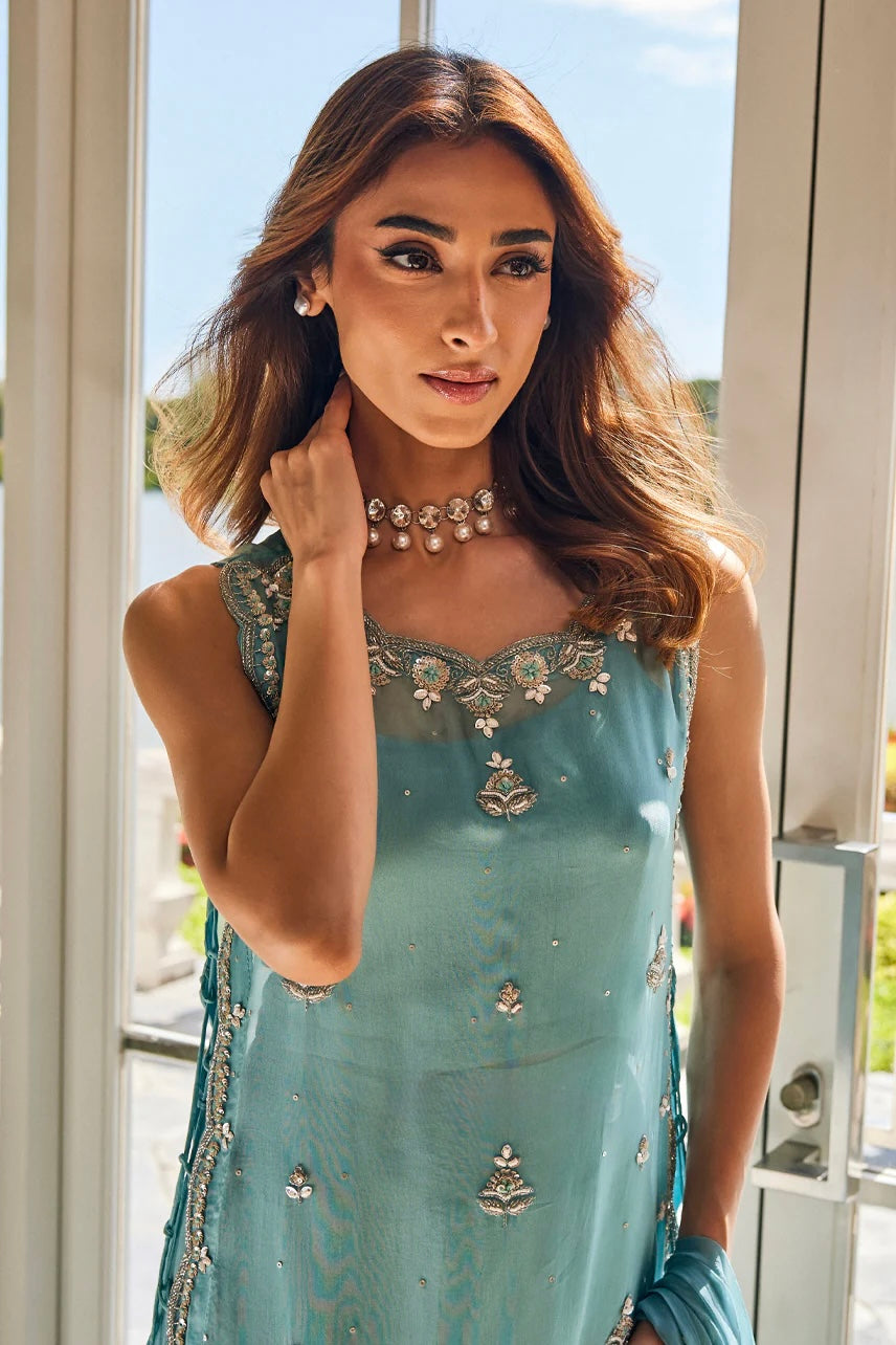 Sky blue handwork sharara suit