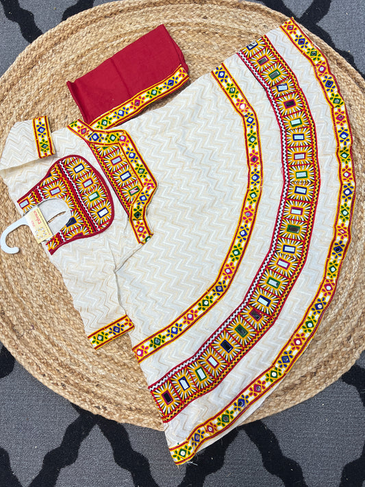 Off White and red real mirror work lehenga choli dupatta