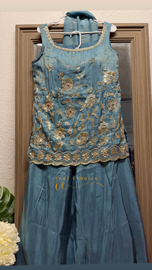 Ice blue pure shimmer tissue heavy handwork sharara suit
