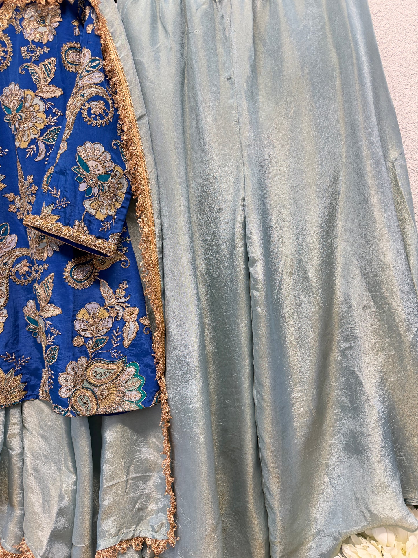 Stunning blue silk sharara suit with tissue sharara and dupatta