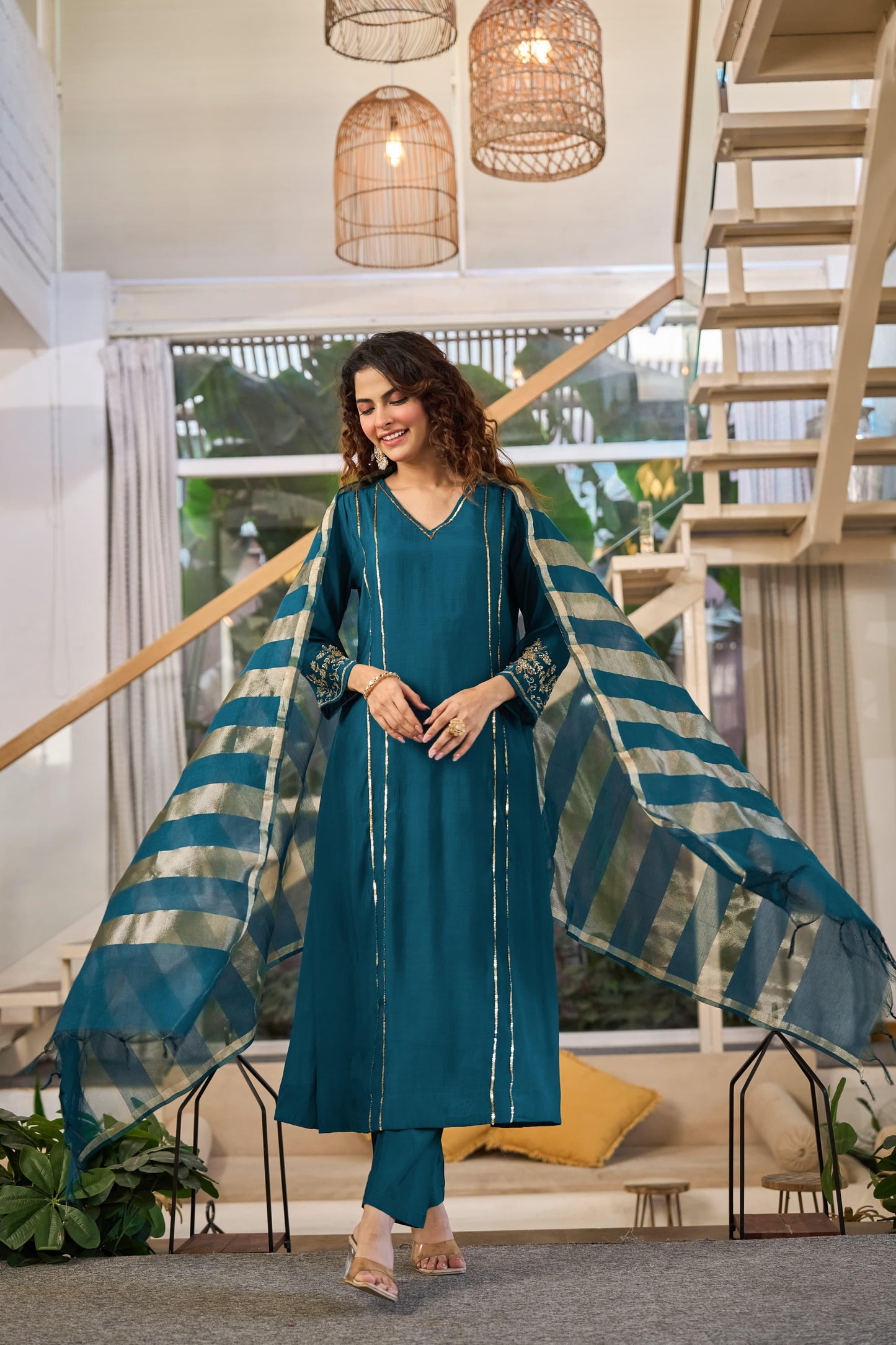 Teal pure mul chanderi handwork suit with tissue dupatta