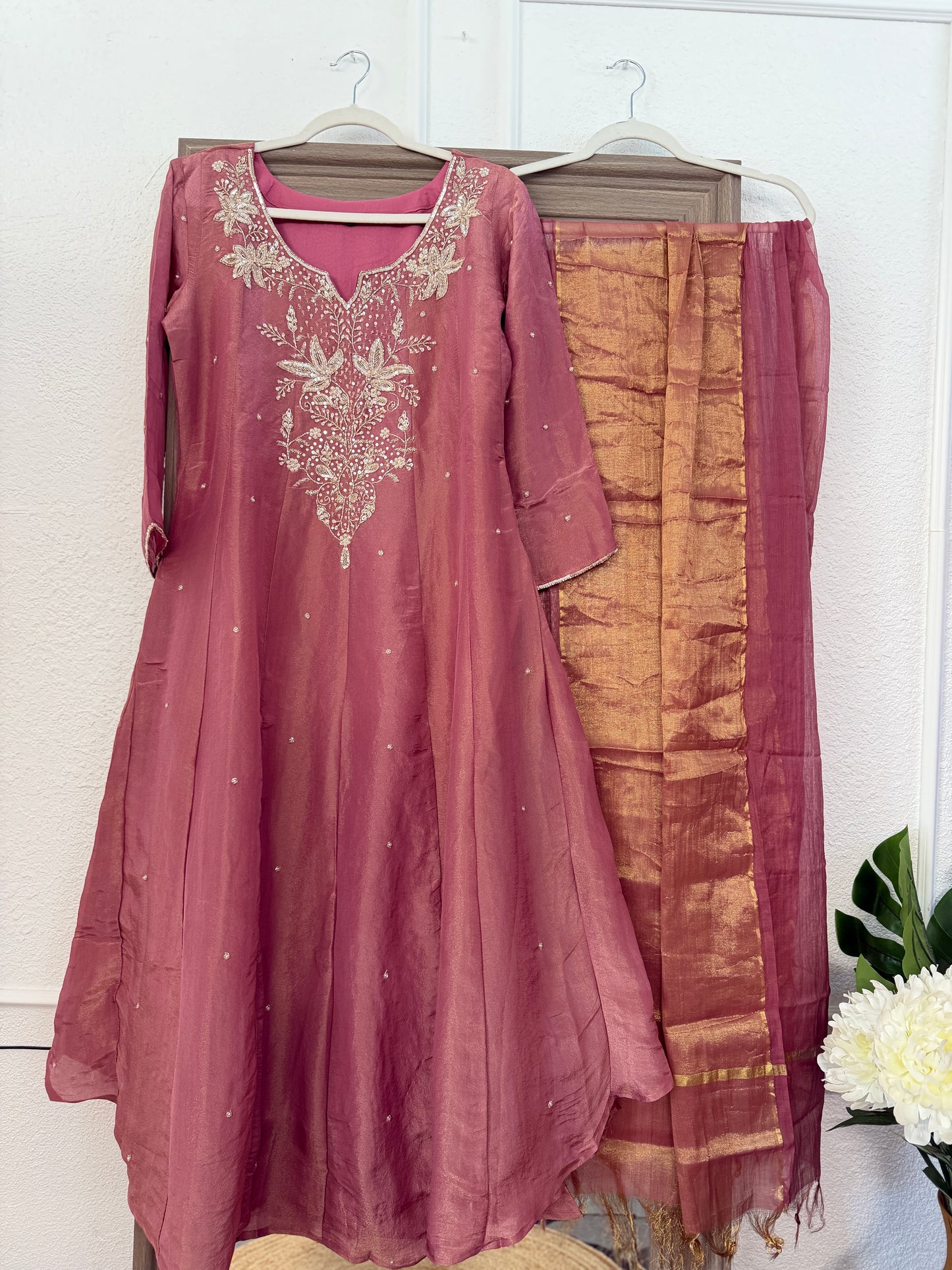 Pink super elegant handwork tissue anarkali kurta set