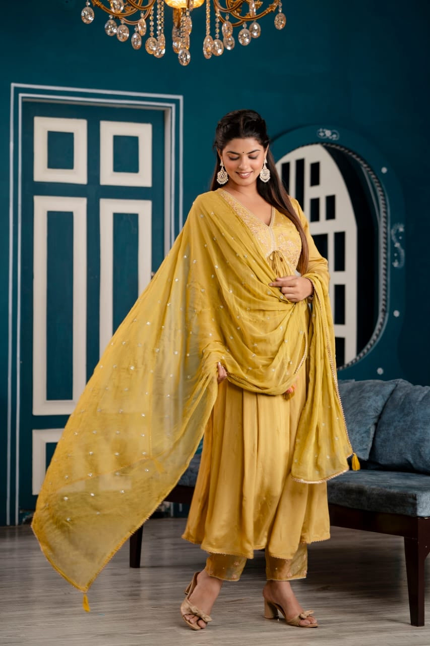 Yellow zari and sequin work alia cut kurta set