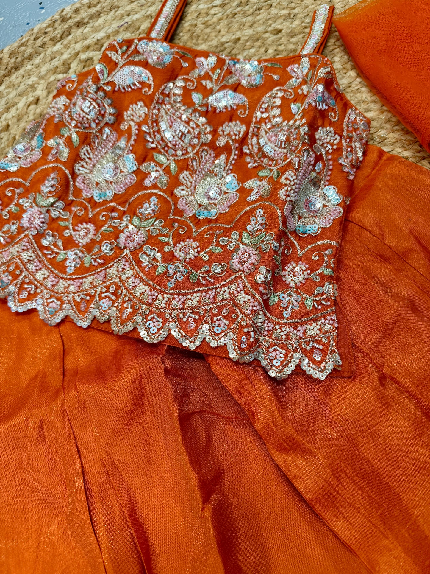 Kids girls burnt orange handwork short top palazzo dupatta