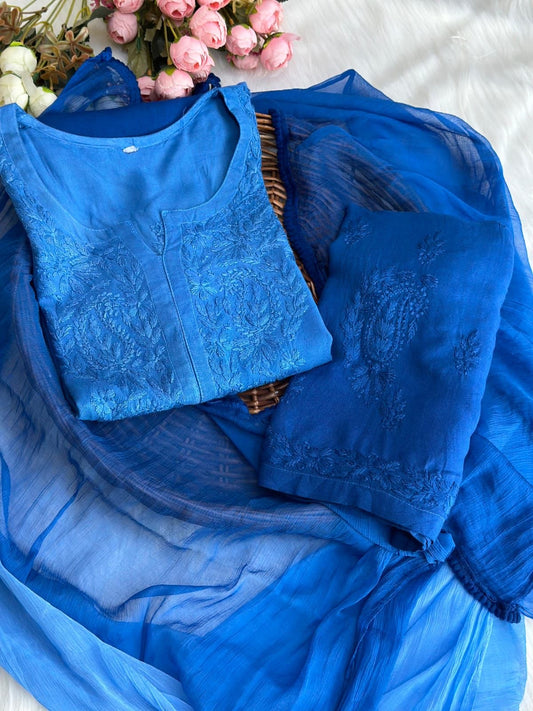 Blue pure Rayon chikankari kurta palazzo set