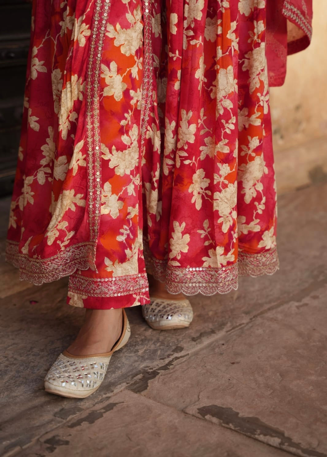 Red Heavy Embroidery Front slit kurta set