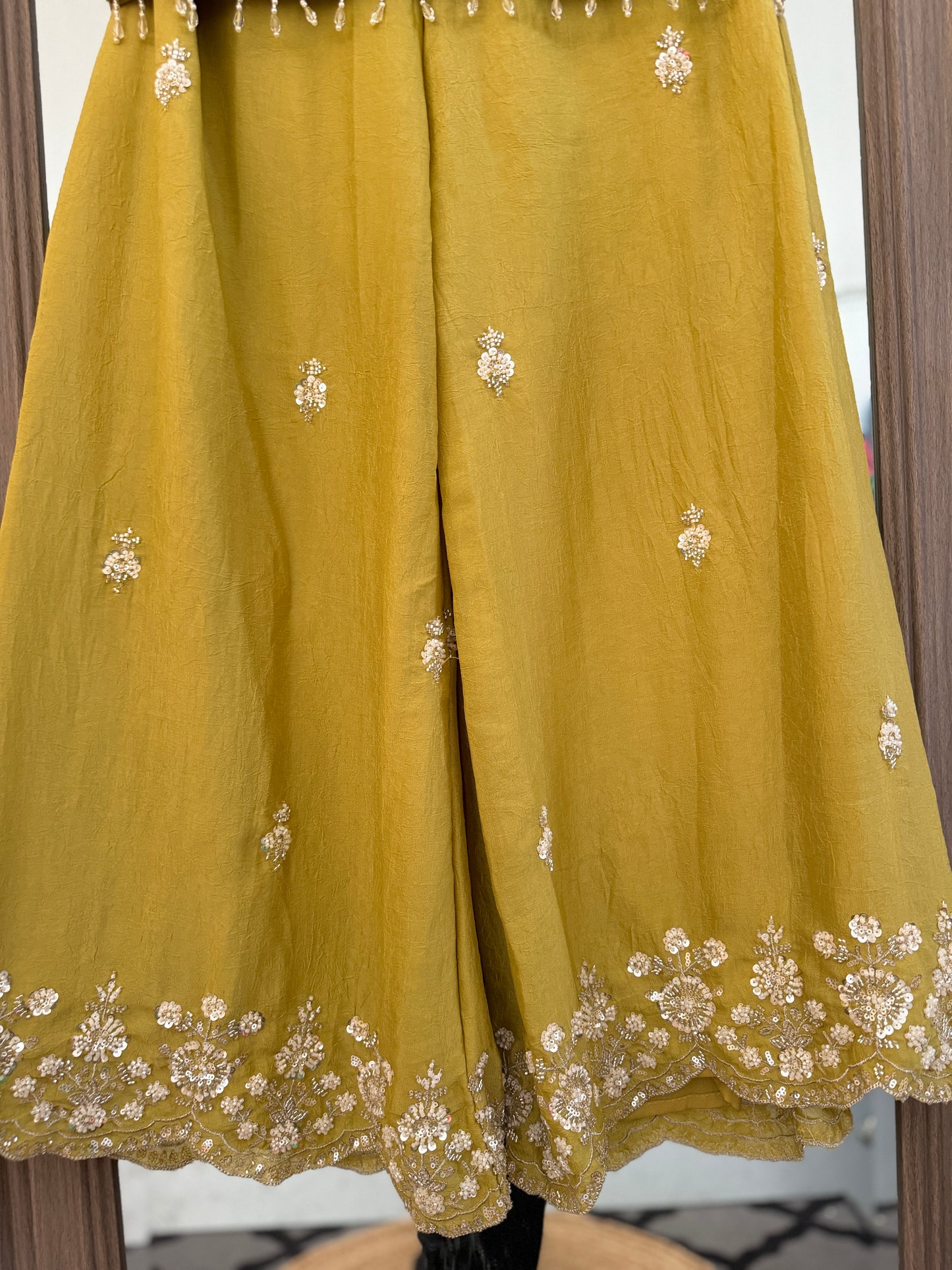 Greenish Yellow heavy handwork crop top palazzo neck dupatta
