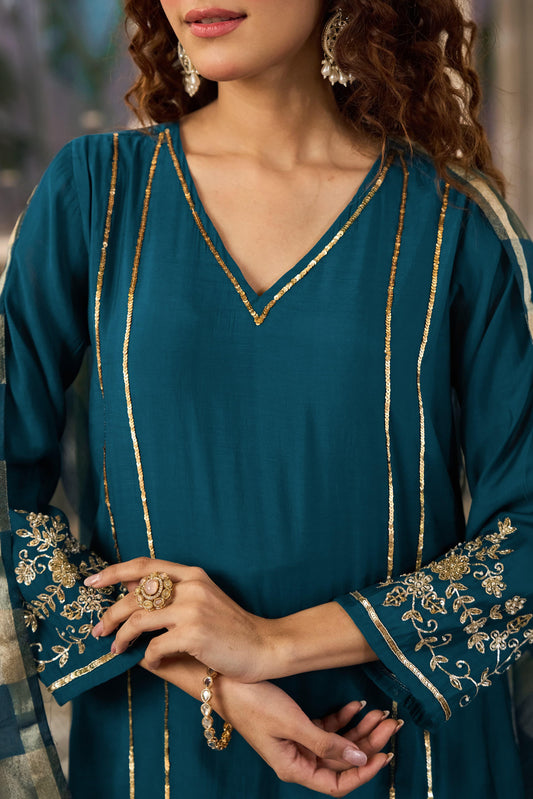 Teal pure mul chanderi handwork suit with tissue dupatta