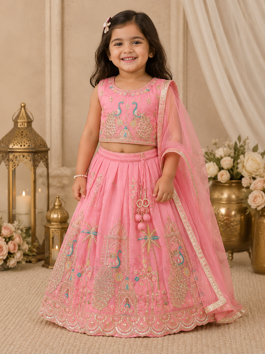 Kids Peachish pink handwork lehenga