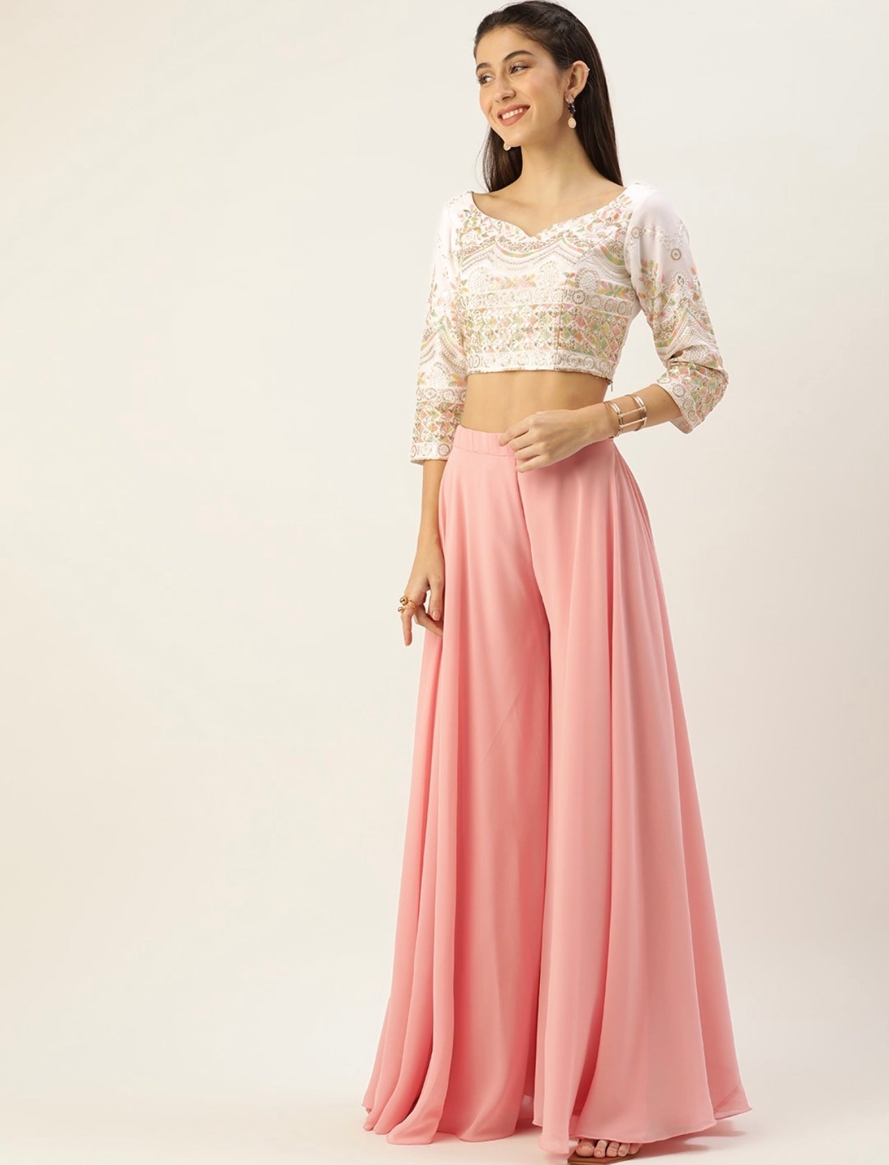 Baby pink and white embroidered crop top palazzo and dipatta