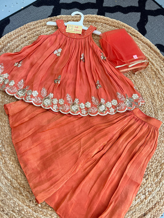 Rust Orange pure shimmer tissue divider sharara suit