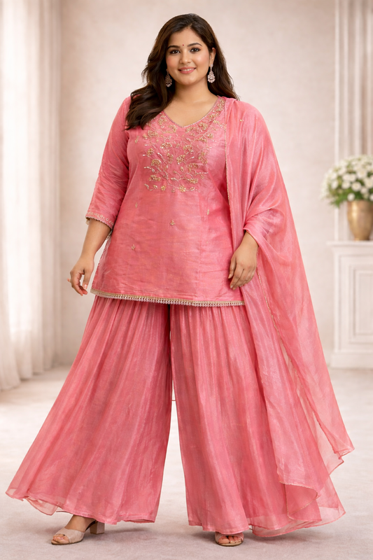 Plus size pink tissue sharara suit