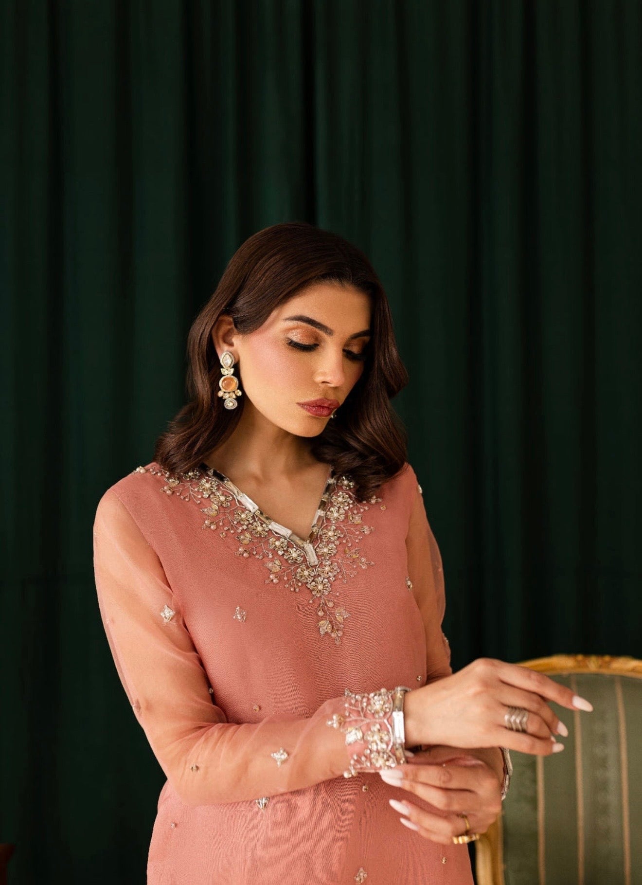 Peachish pink elegant handwork suit